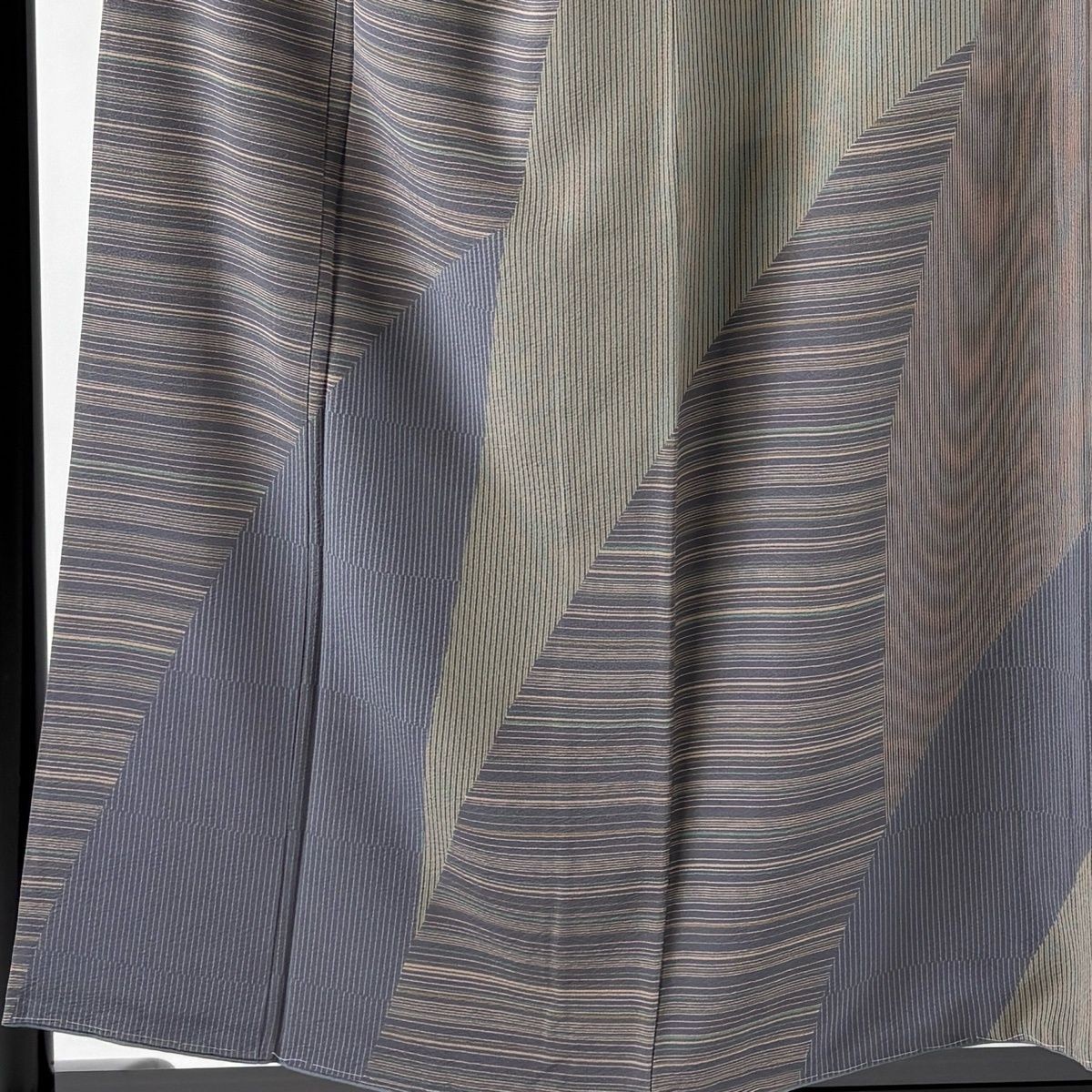 Houmongi Kimono Signed Geometric Stripe Blue Gray Silk 154.5cm M Lined Japanese