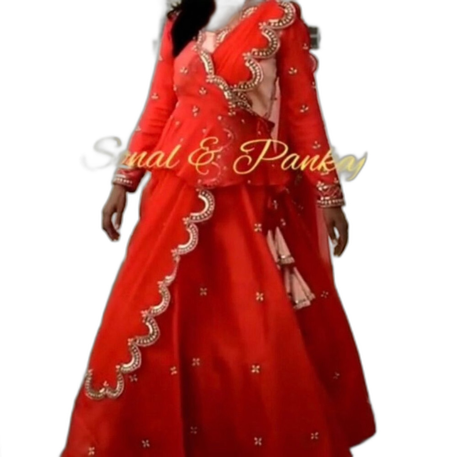 Embroidered Gold Pearl Accent 100% Silk 3 Pcs Peach Mandarin Color Lehenga Set