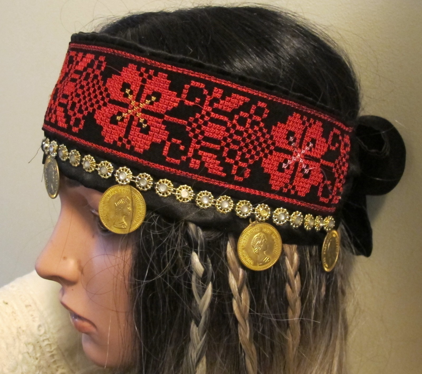 Palestinian Red Black Embroidered Headband on Satin with gold coins