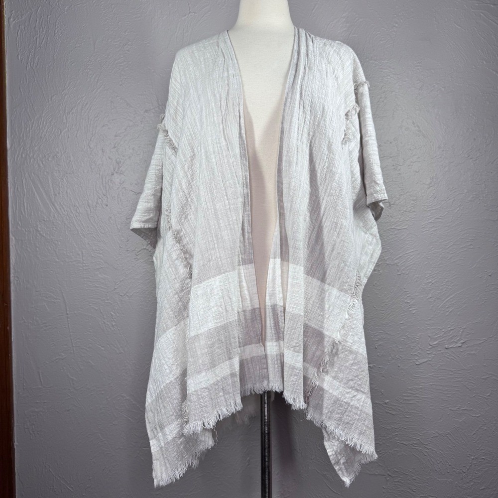 OSFM Natural white and ivory patchwork look kimono with fringy raw edges