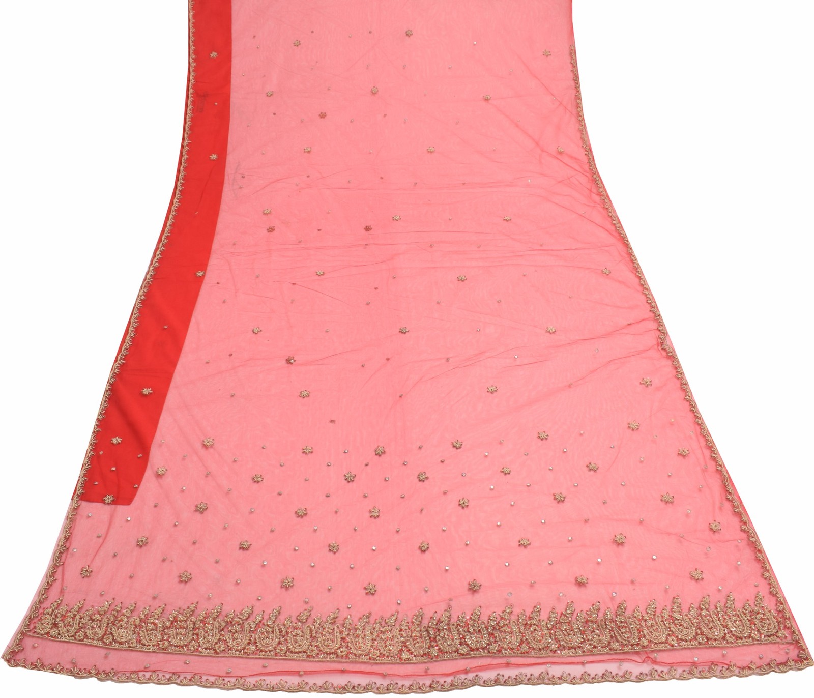 Sushila Vintage Red Wedding Saree Net Mesh Zardozi Work Floral Sari Craft Fabric