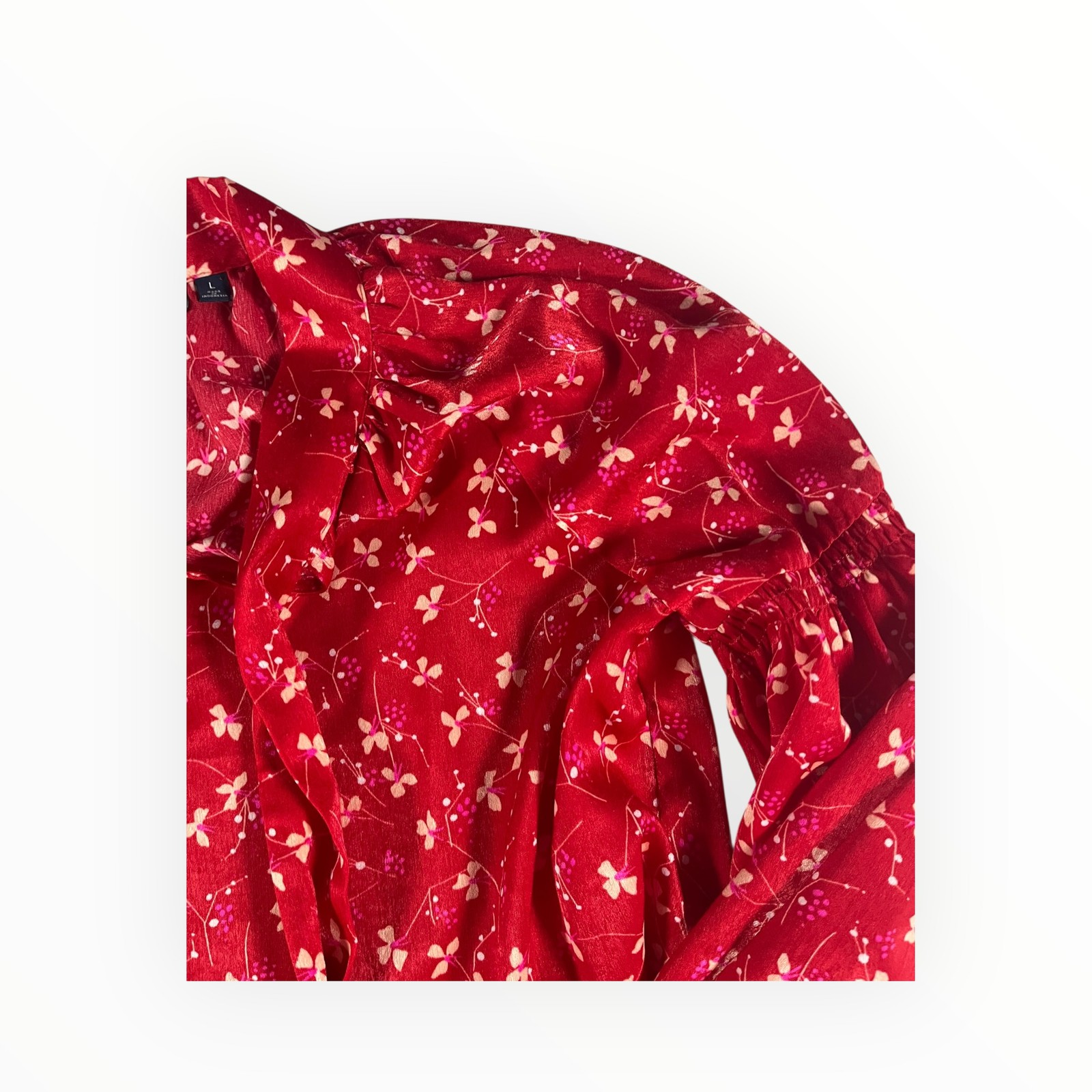 KAARI Red Floral Print Long Sleeve Collared Blouse Women’s Size L