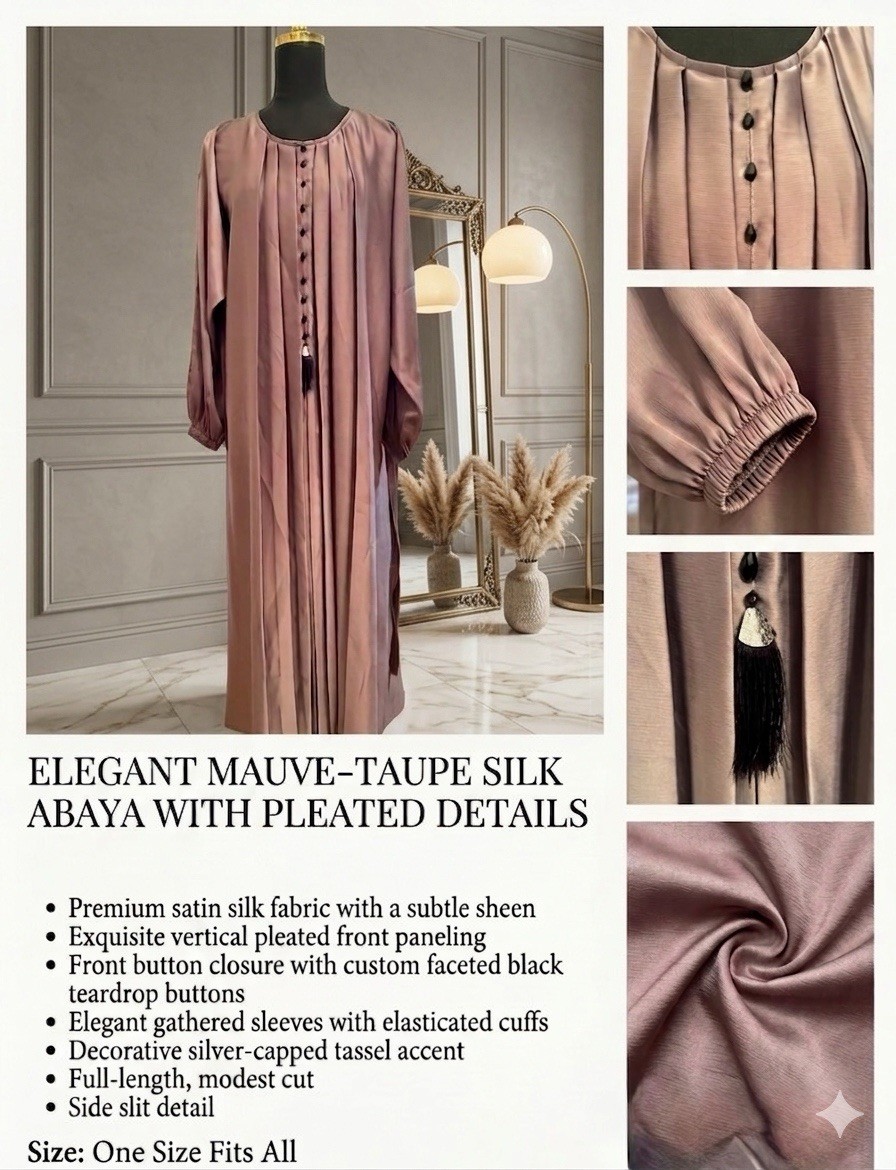 ELEGANT MAUVE-TAUPE SILK ABAYA WITH PLEATED DETAILS Premium satin silk fabric