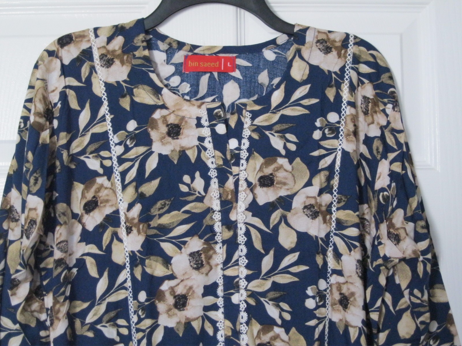 New 2 Pc Pakistani Print Lawn Kurti Trousers Suit Scalloped Trim Navy Size L