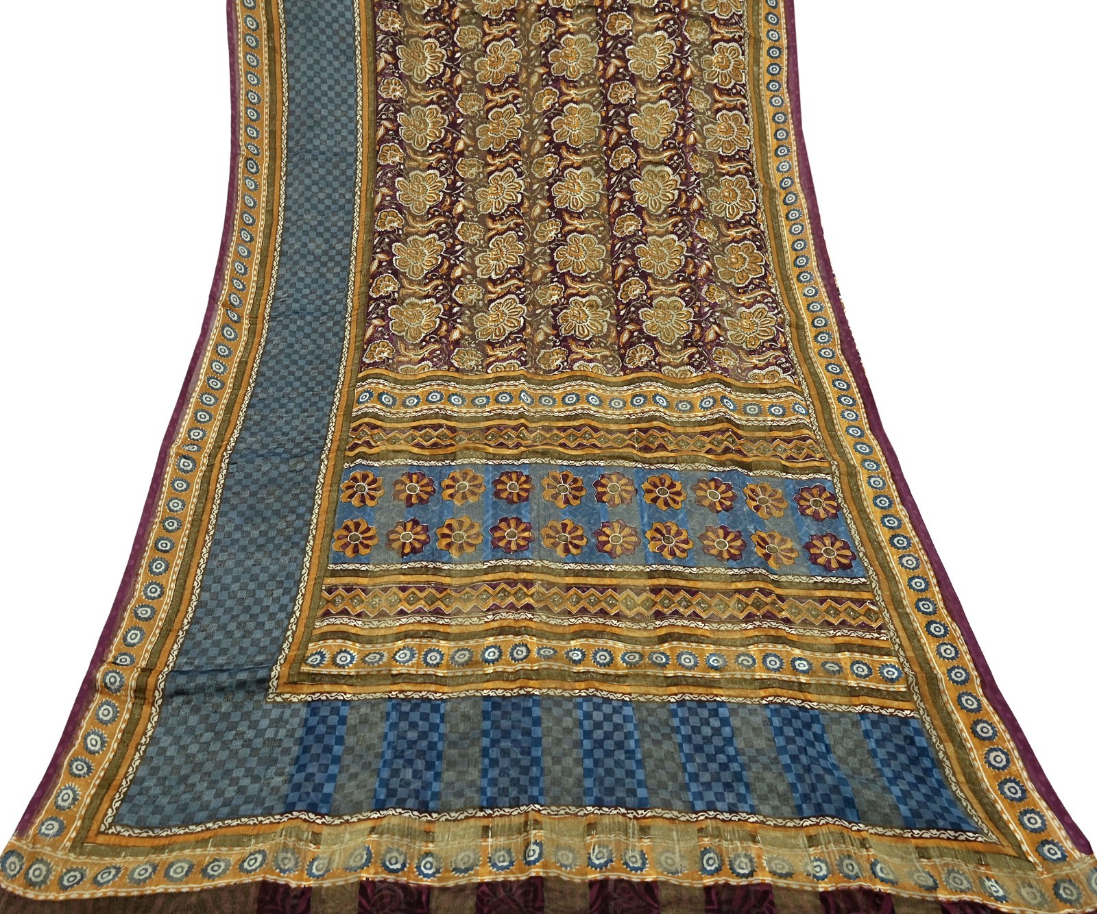 Vintage Saree Burgundy & Blue Pure Georgette Silk Printed Sari Sewing 6yd Fabric