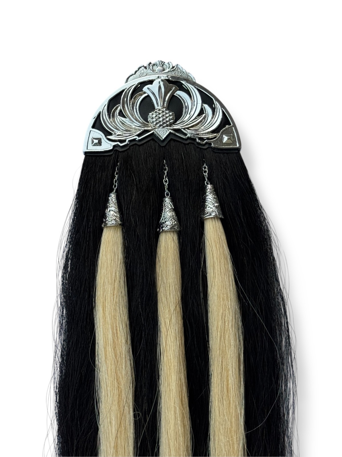 Scottish Black Horse Hair Thistle Cantle Kilt Sporran In Three White Tassel
