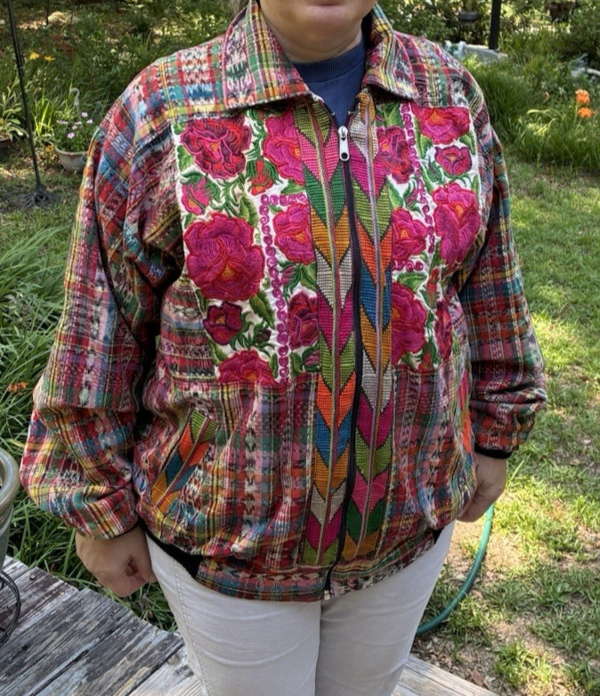 Vintage Comfy Huipil Bomber Jacket Colorful Floral Zipper Collar Hobo Hippie M