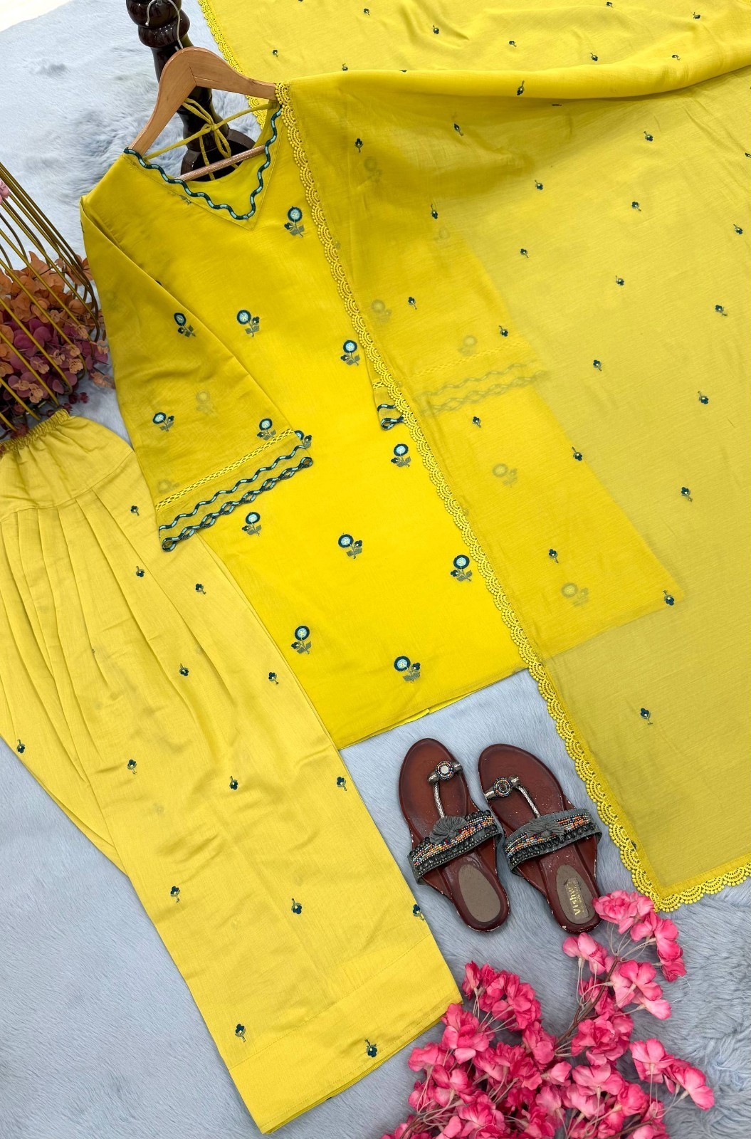 Indian Designer Yellow Chanderi Kurta Pant Dupatta Set Party Ethnic Wear Women
