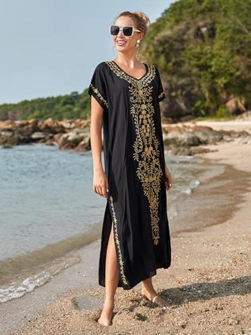 Women Kaftan V Neck Casual Bathing Suit Kimono Sleeve Side One Size Black 03
