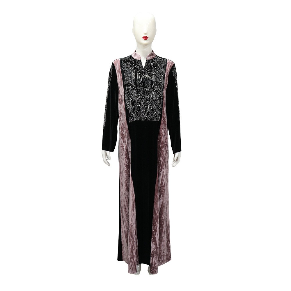 Muslim Clothing Velvet Splicing Abaya Hot Diamond Robe Autumn Elegant Gown Dress