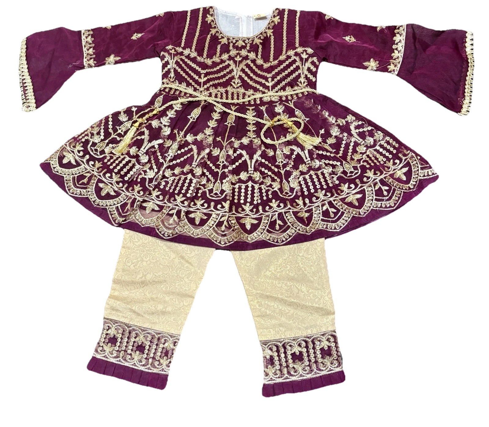 Pakistani Girls Purple Gold Eid Dress 2PC Net Raw Silk Party Outfit Size 24 4-5
