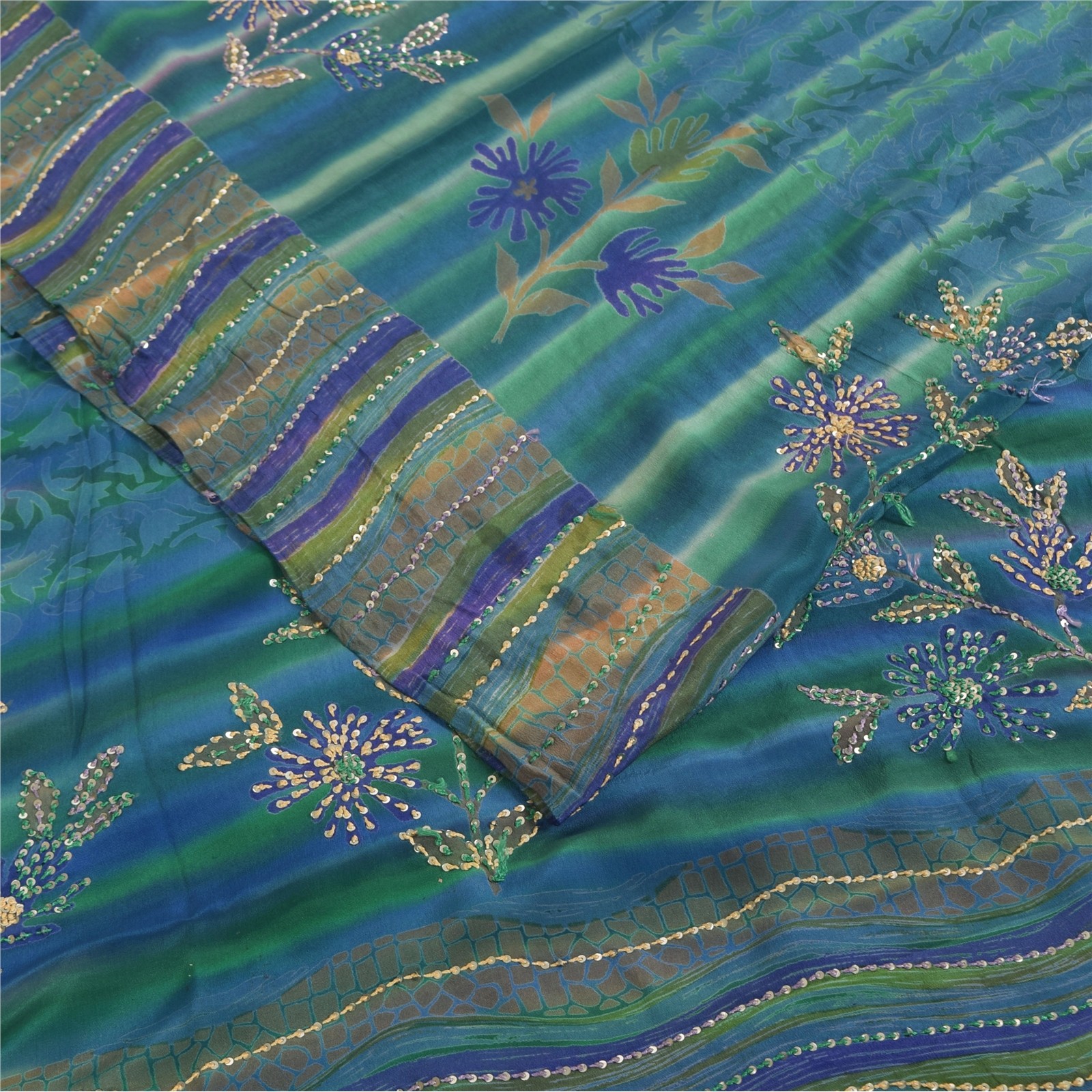 Sanskriti Vintage Saree Blue Pure Crepe Silk Hand Embroidered-Print 5.5+YD Sari