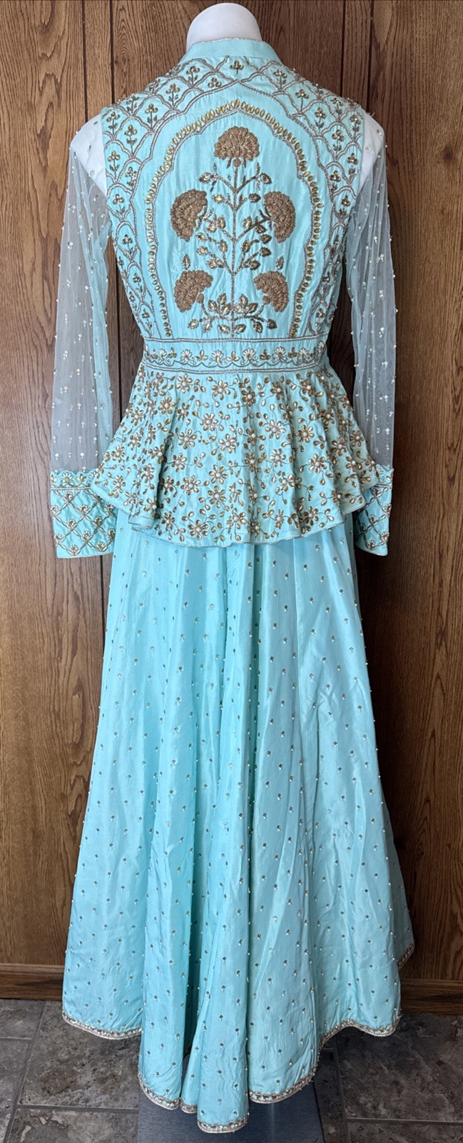 Pooja Peshoria Aqua Blue Kundan & Dabka Embellished Peplum Blouse W/ Lehanga Set