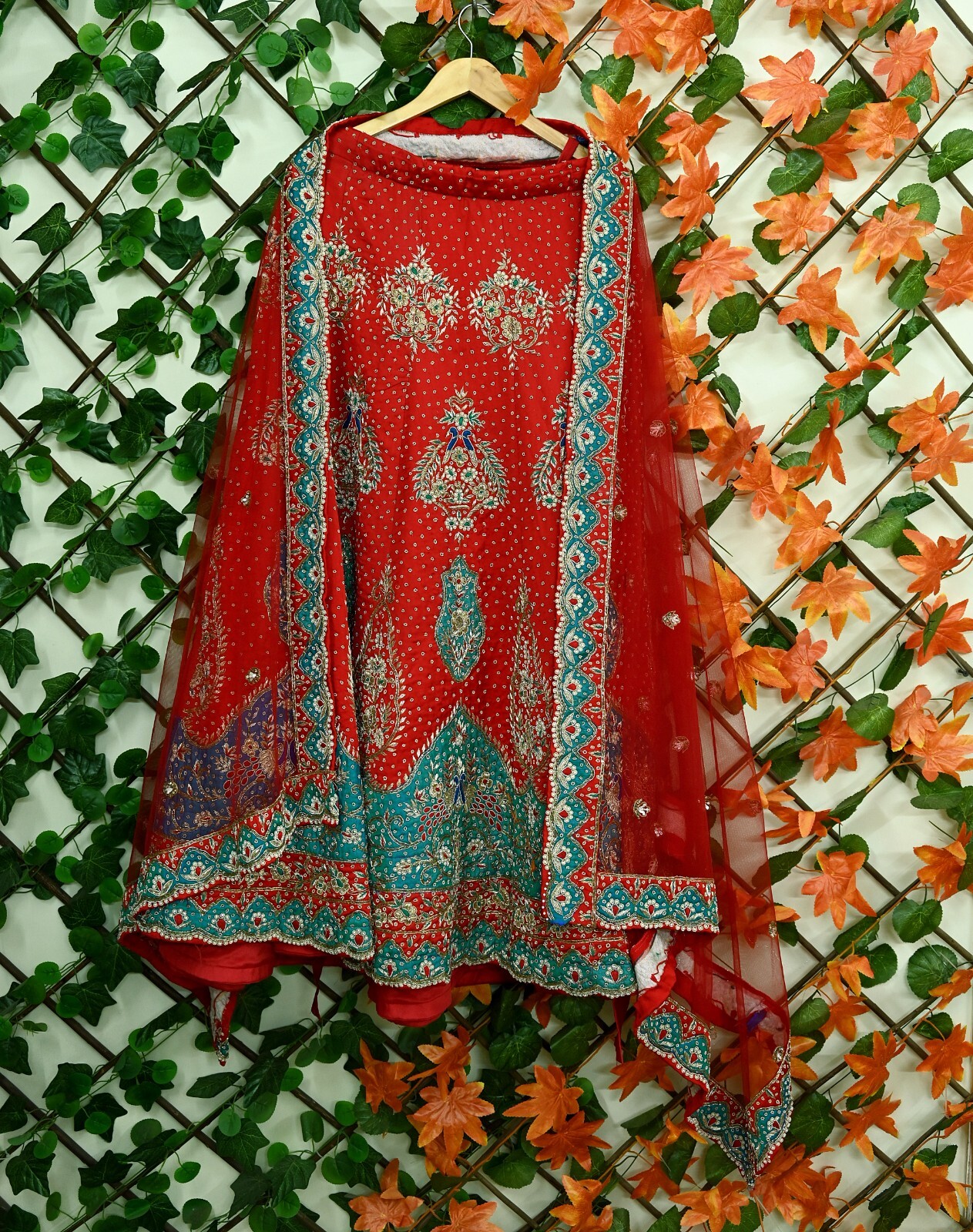 Pre-owned Red Satin Silk Hand Embroidered Designer By Anamika Khanna Lehenga Set