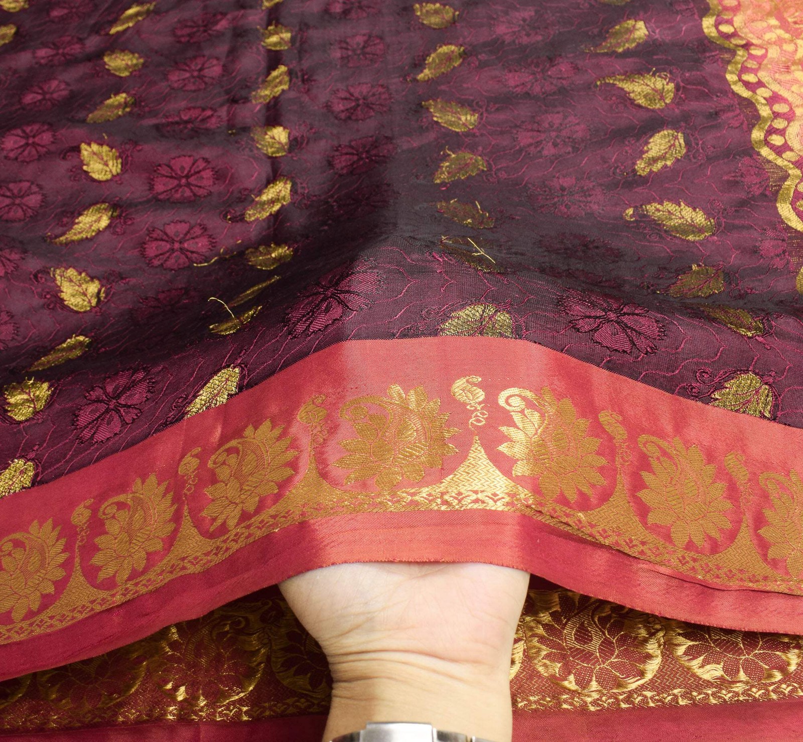Sushila Vintage Pure Kanjivaram Silk Saree Woven Gold Zari Wine Sari Fabric