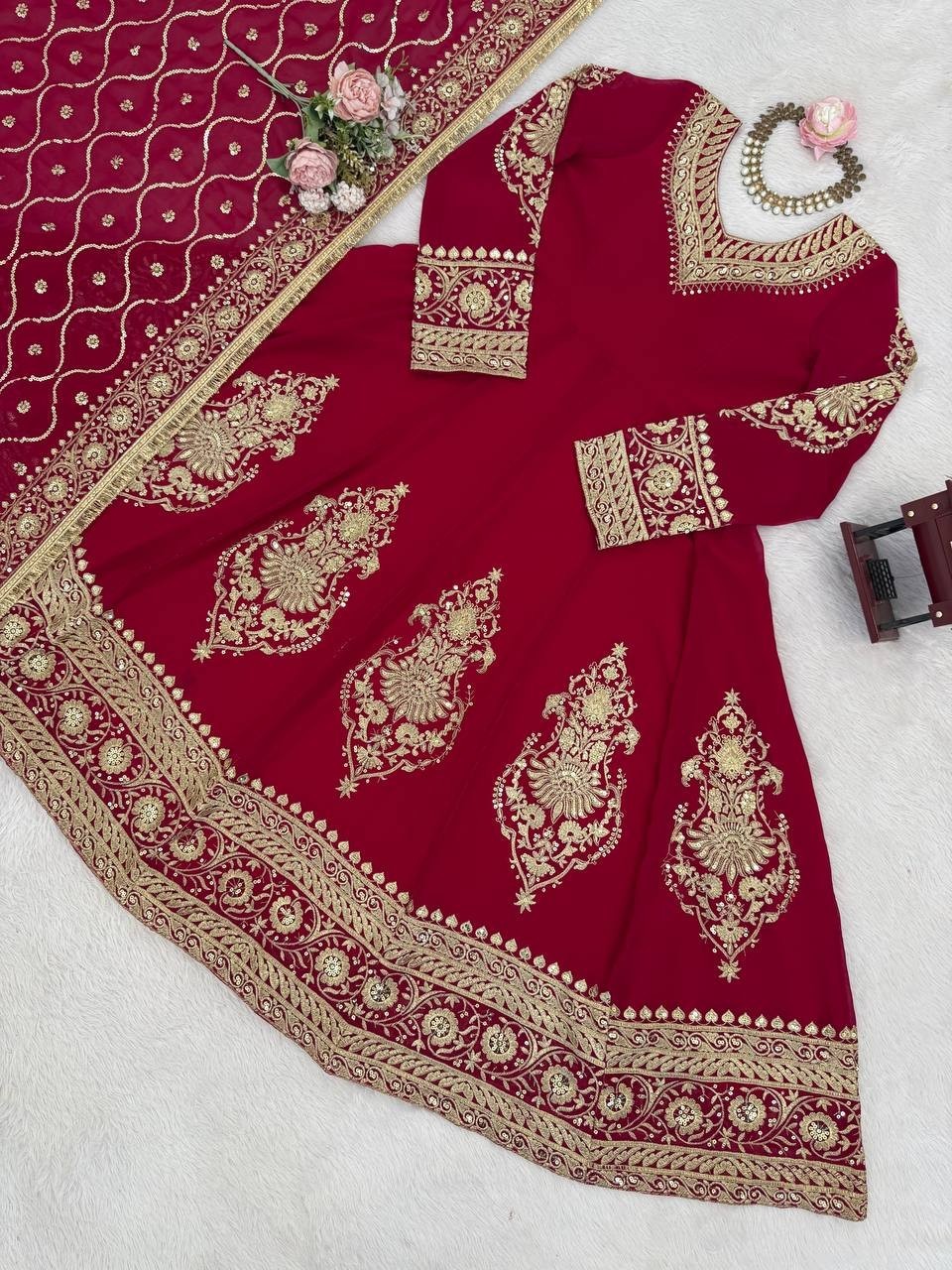 Presenting Faux Georgette Maroon Gown Bottom With Dupatta For Festival Wear