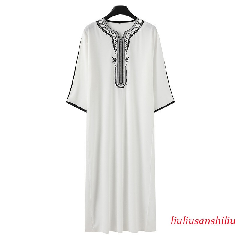 Muslim Men’s Black Robe Short Sleeves Embroidered Arabic Ethnic Style Clothes 1x