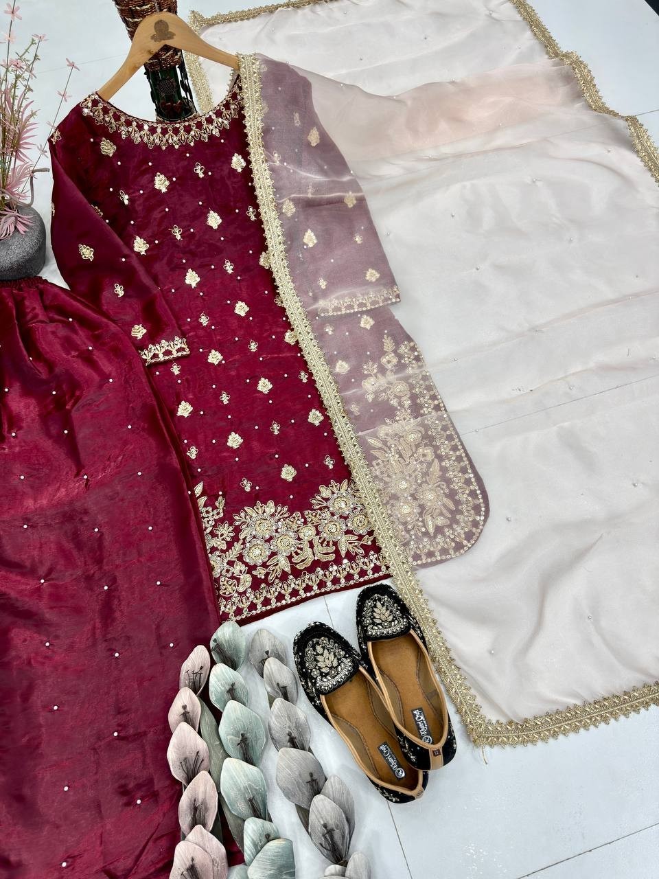 Wedding Wear Maroon Moss Satin Salwar Kameez With Dupatta For Women & Girls
