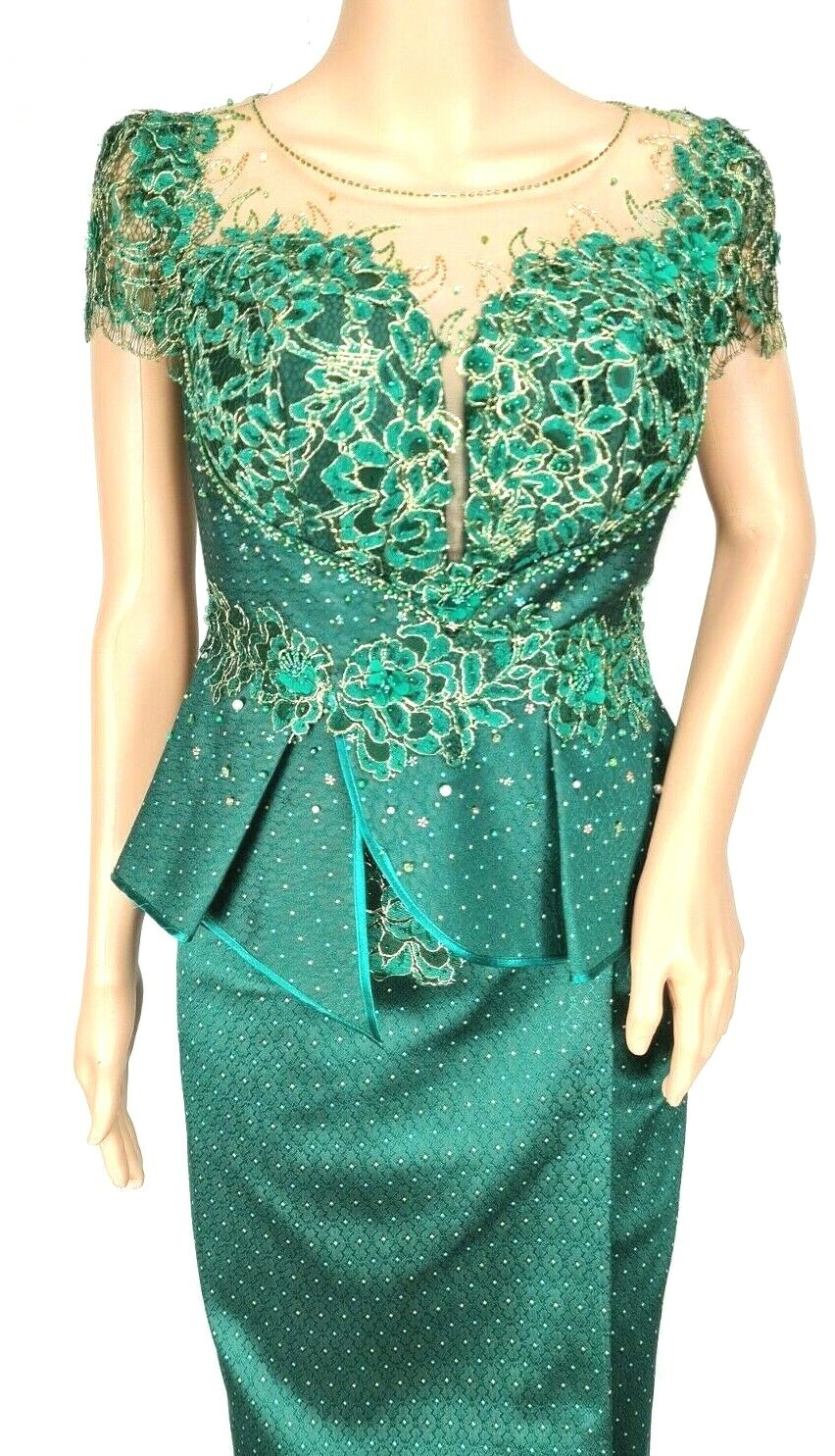 Cambodia Khmer Traditional Out fit Women Size L Green Lace Korean Silk Skirt
