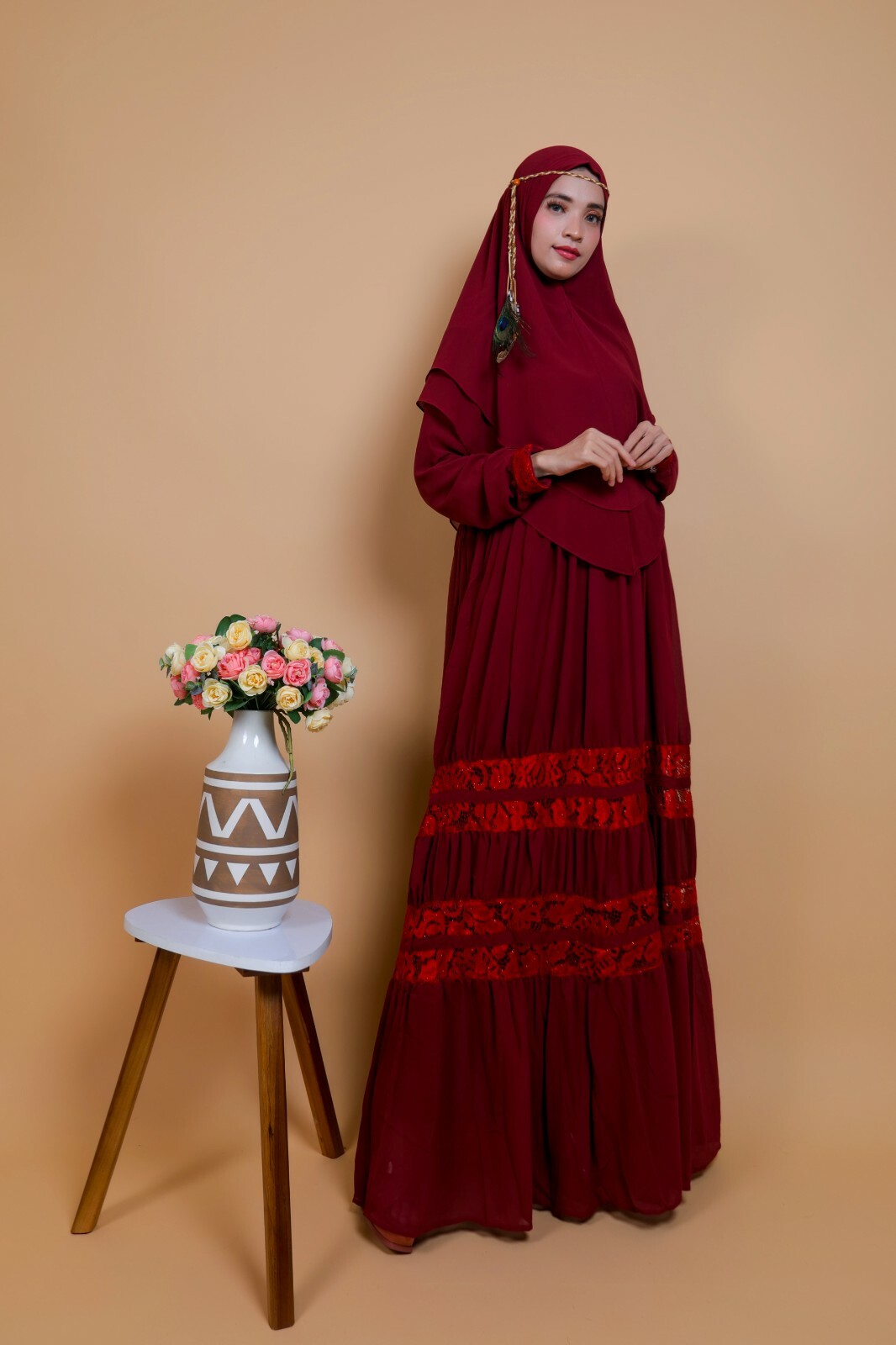 Elegant dark red Long khimar, stylish jilbabs, franch khimar, muslim cover dress