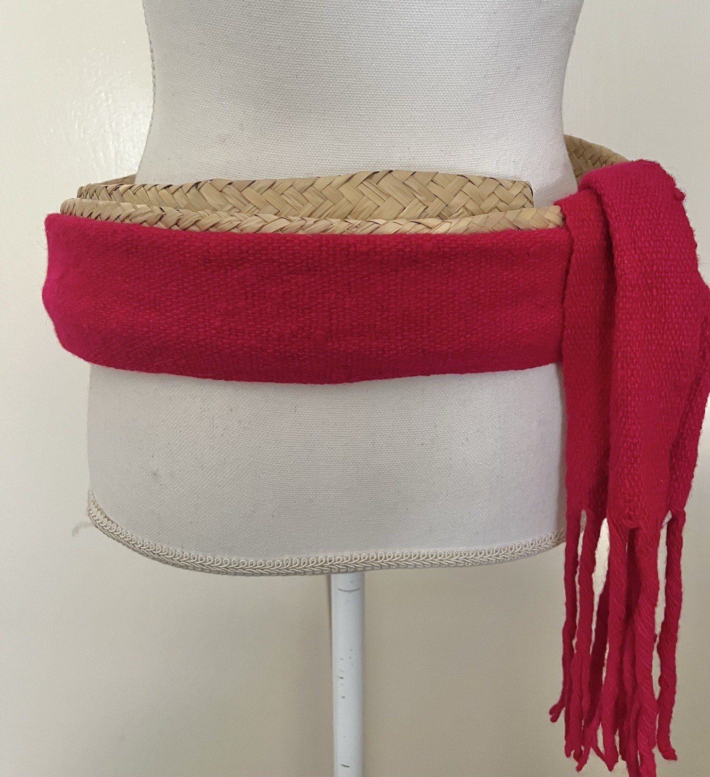 Rare 106″ MAYAN Woven Natural Rattan & Wool BELT Red From Mexico Vintage Rare