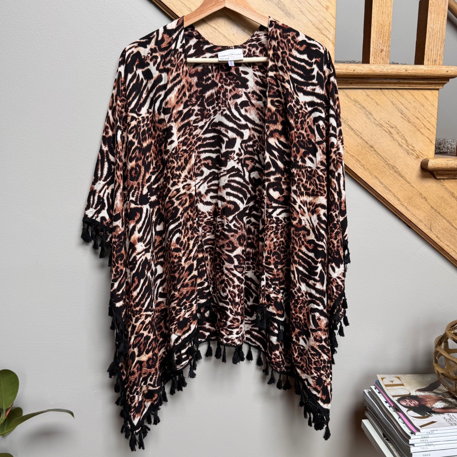 Bobbie Brooks Women Animal Print Cotton Kimono Cardigan Tassel Fringe One Size