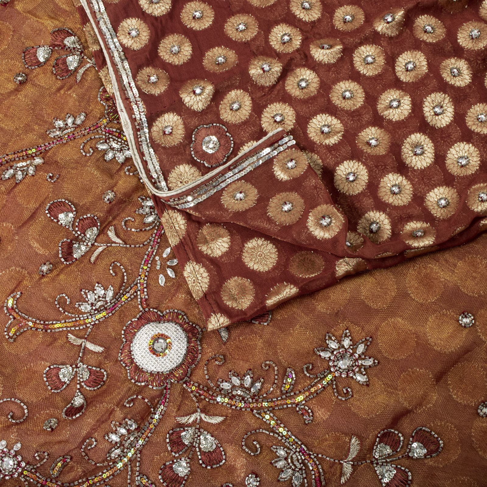 Sanskriti Vintage Saree Brown Pure Georgette Silk Hand Beaded-Woven Fabric Sari
