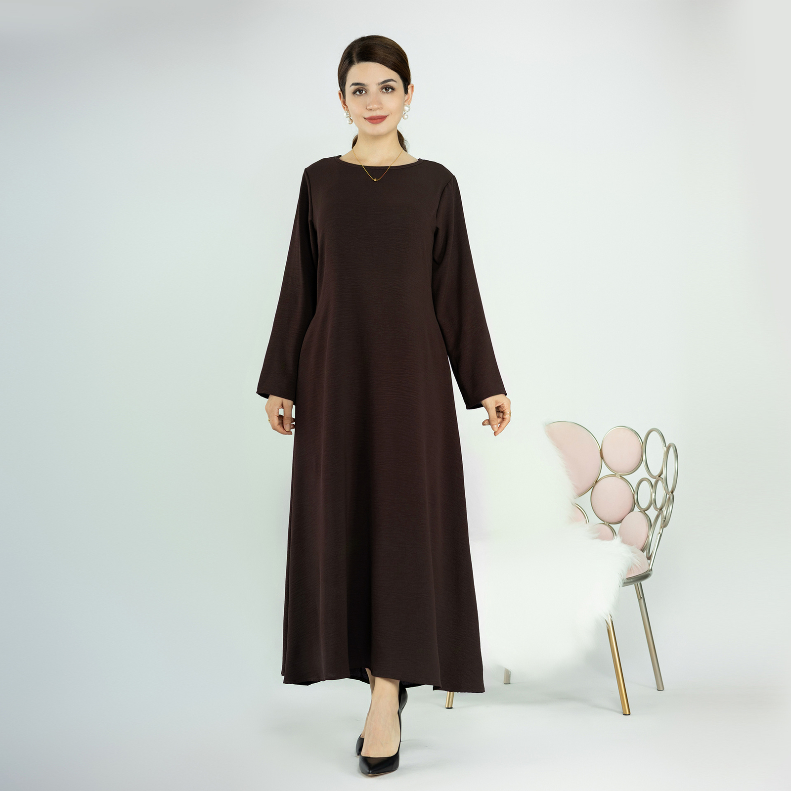 New Muslim Womens Simple Solid Color Long Sleeve Abaya Loose Robe Kaftan