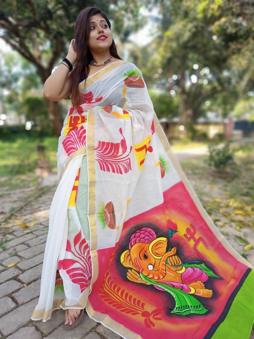“Kerala Kasavu Saree | The Classic White and Gold Combo”