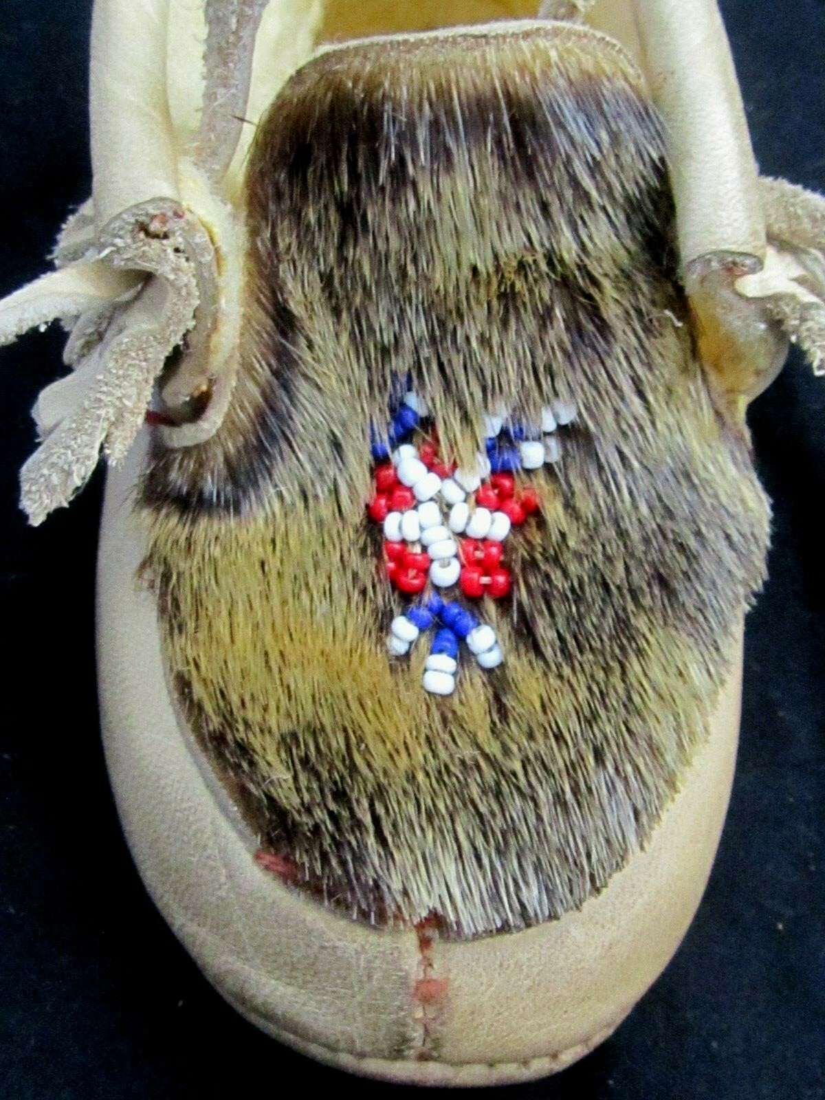 Vintage Native American CHILD size Leather and Deer Fur, Seed Beaded Moccasins