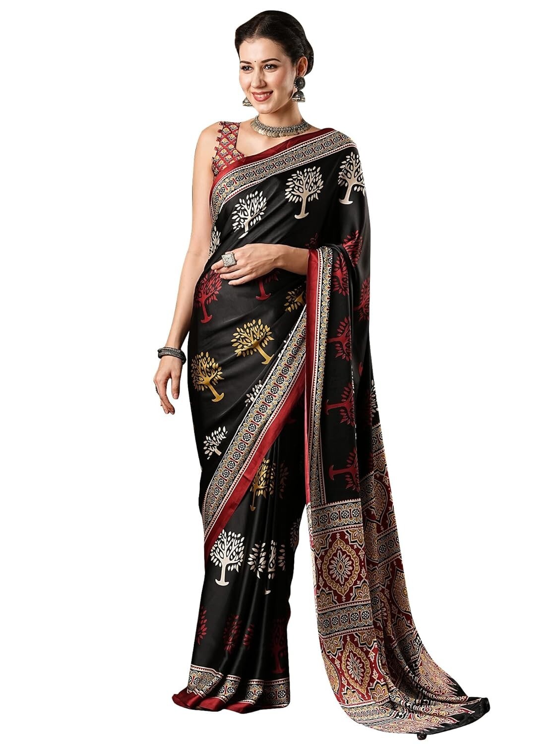 Women’s Multicolor Crepe Ajrak Printed Saree with Unstitched Blouse Piece