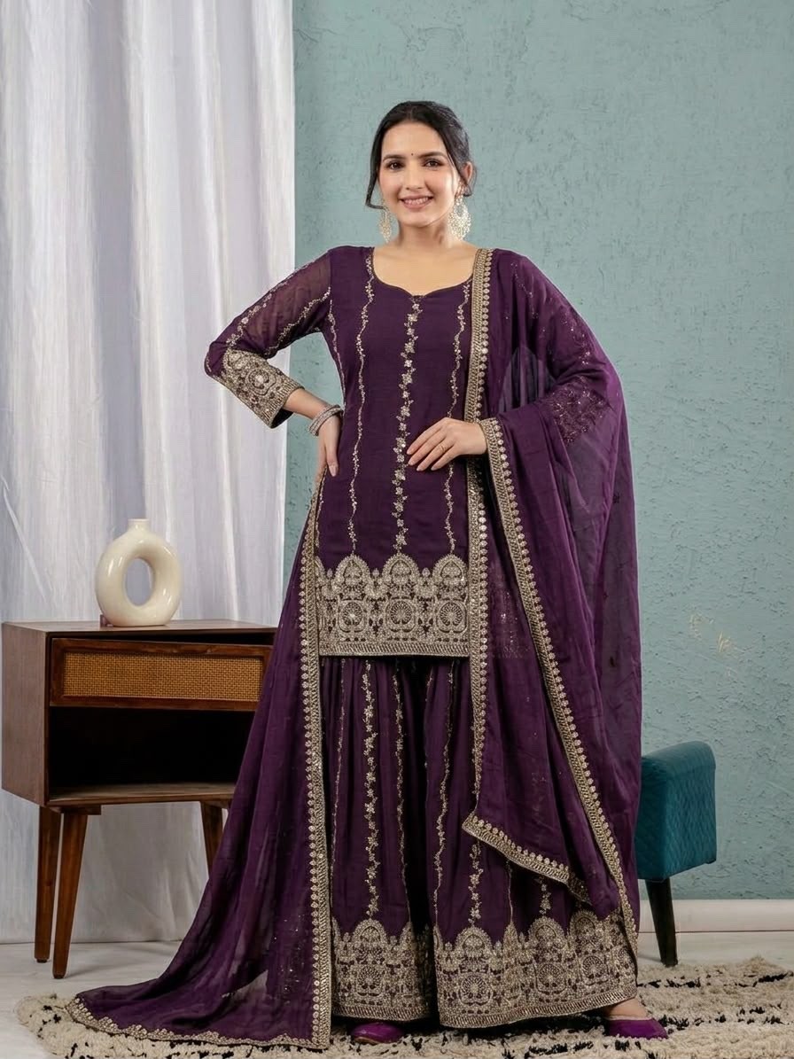 Women’s Crunchy Silk Sharara Suit Set Embroidered Kurta Dupatta Party Wear
