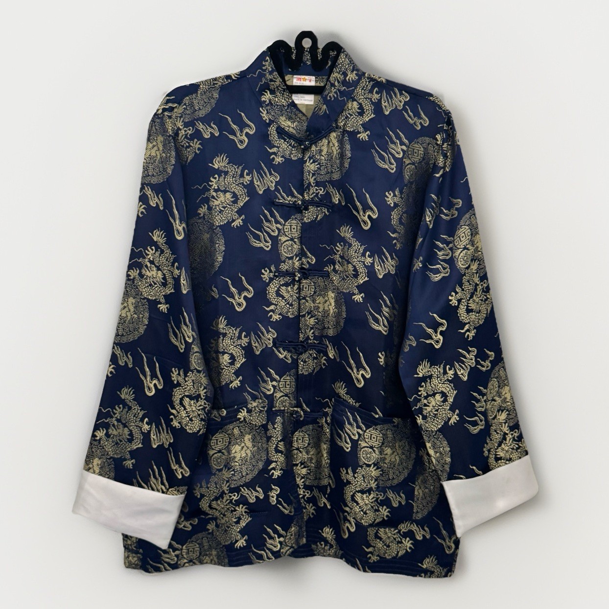 M Y Kimono Adults One Size Blue/Gold Pockets Silk Blend Dragon Print Traditional