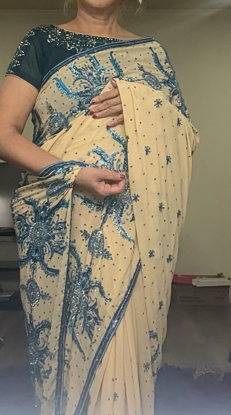 Women’s Beige Blue Sequin Embellished Chiffon Saree Sari with Blue Blouse