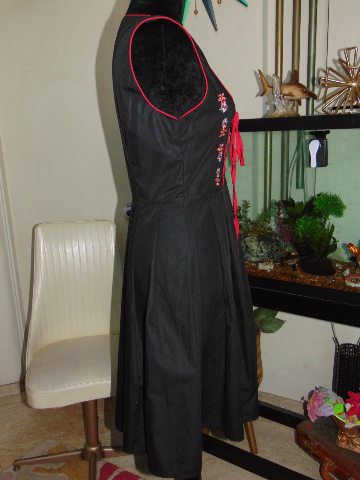 Jasambac Dress Embroidered German Dirndl Black Red Lace-Up Front Whimsioth S