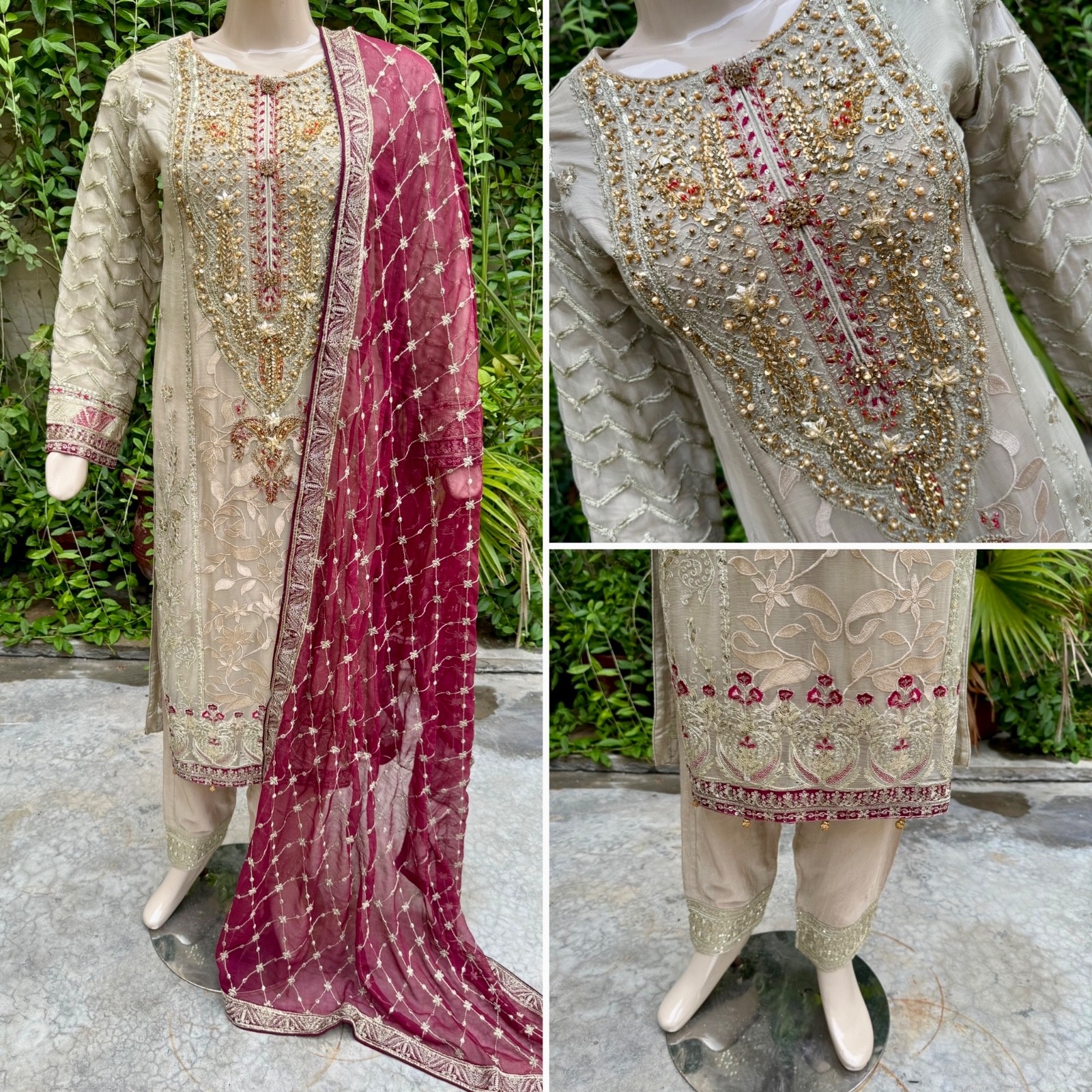 Pakistani Beige Straight Style Embroidered Sequins 3pcs Chiffon Dress,Medium