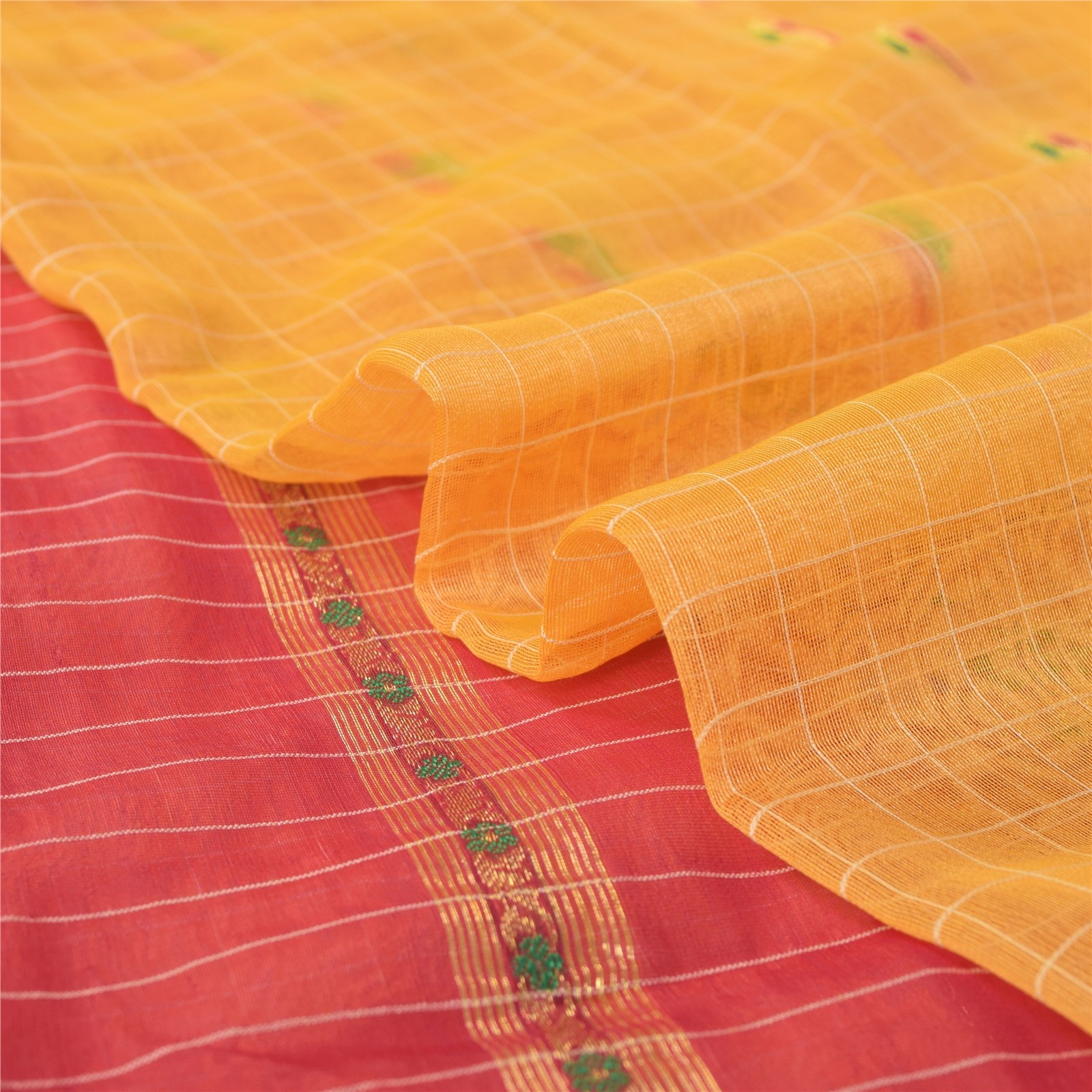 Sanskriti Vintage Yellow Sarees Cotton Silk Brocade/Banarasi Zari Sari 5Ydfabric