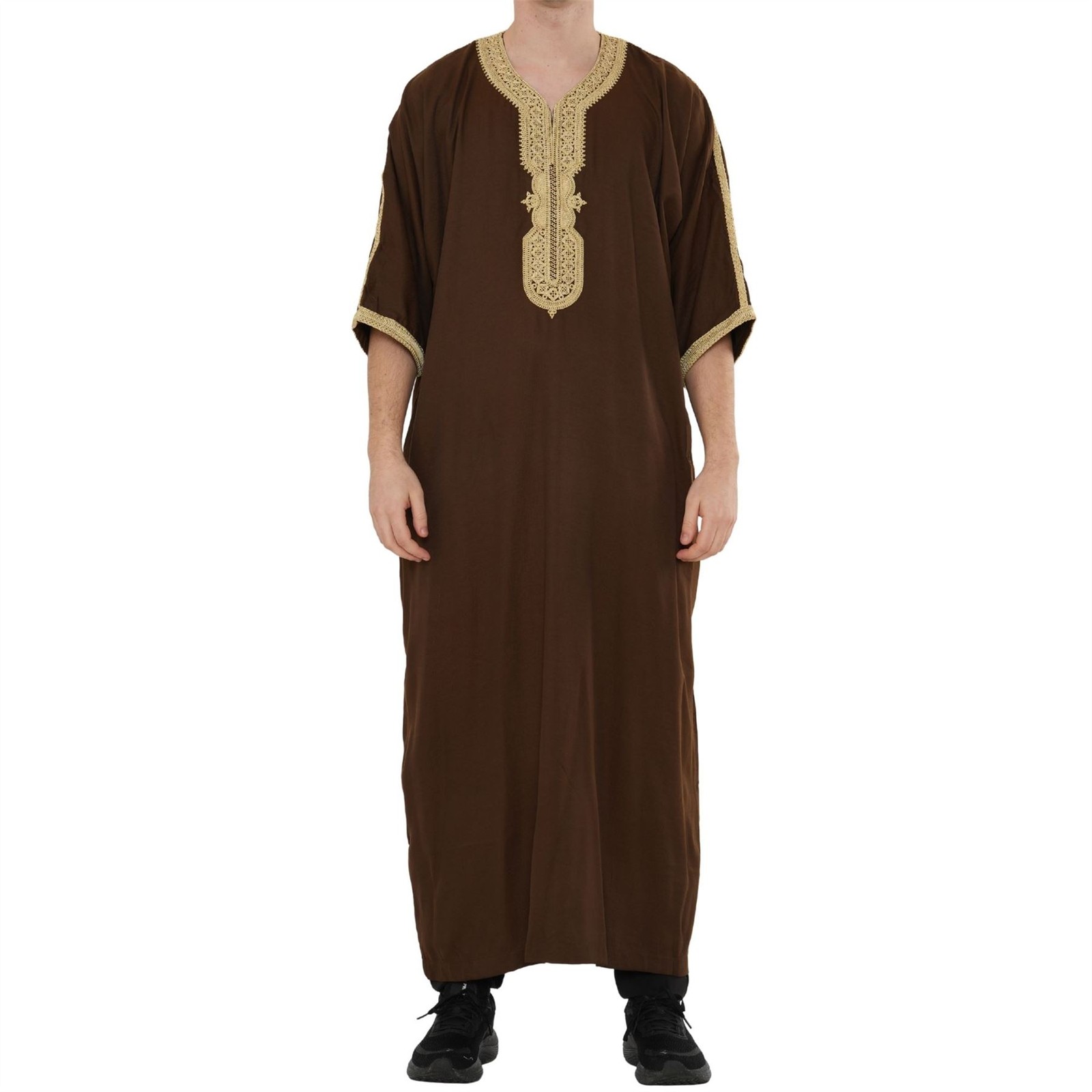 Men’s Brown Moroccan Thobe Half Sleeve Gandoura Beige Embroidery Eid Ramadan
