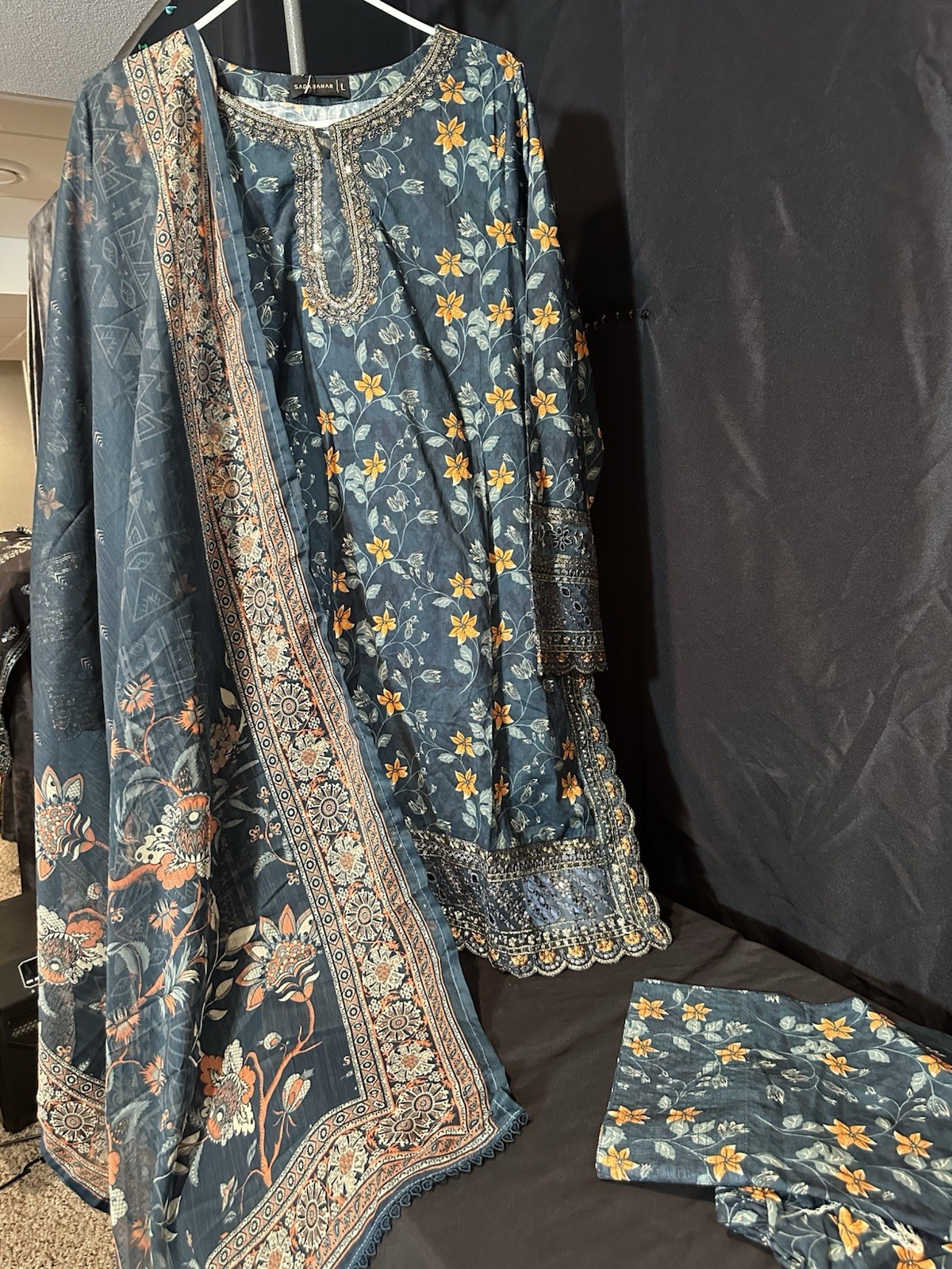 Sadabahar Brand – Farshi Shalwar suit – Embroidered – 3 Pc -Medium & Large – $42