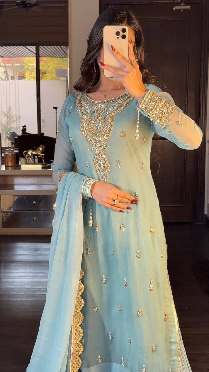 Elegant Faux Georgette Embroidered Palazzo Suit Set with Beads & Lace Detailing
