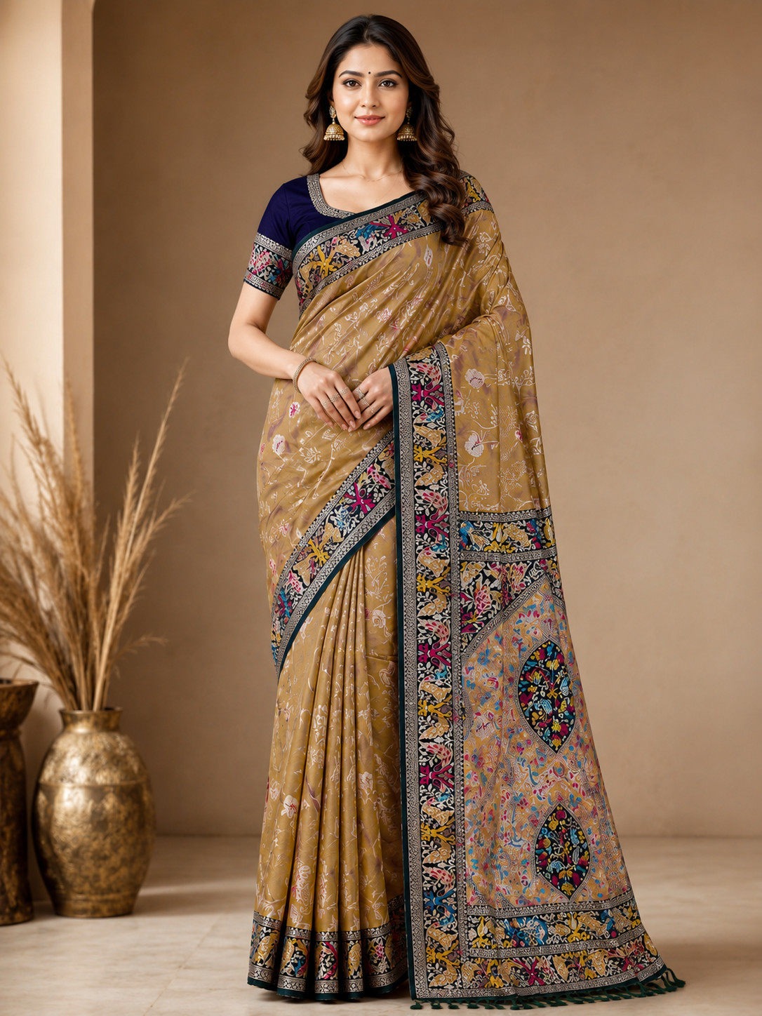 Sari Designer Indian Gold Saree Wedding Festival Bollywood Party Wear Work Sari