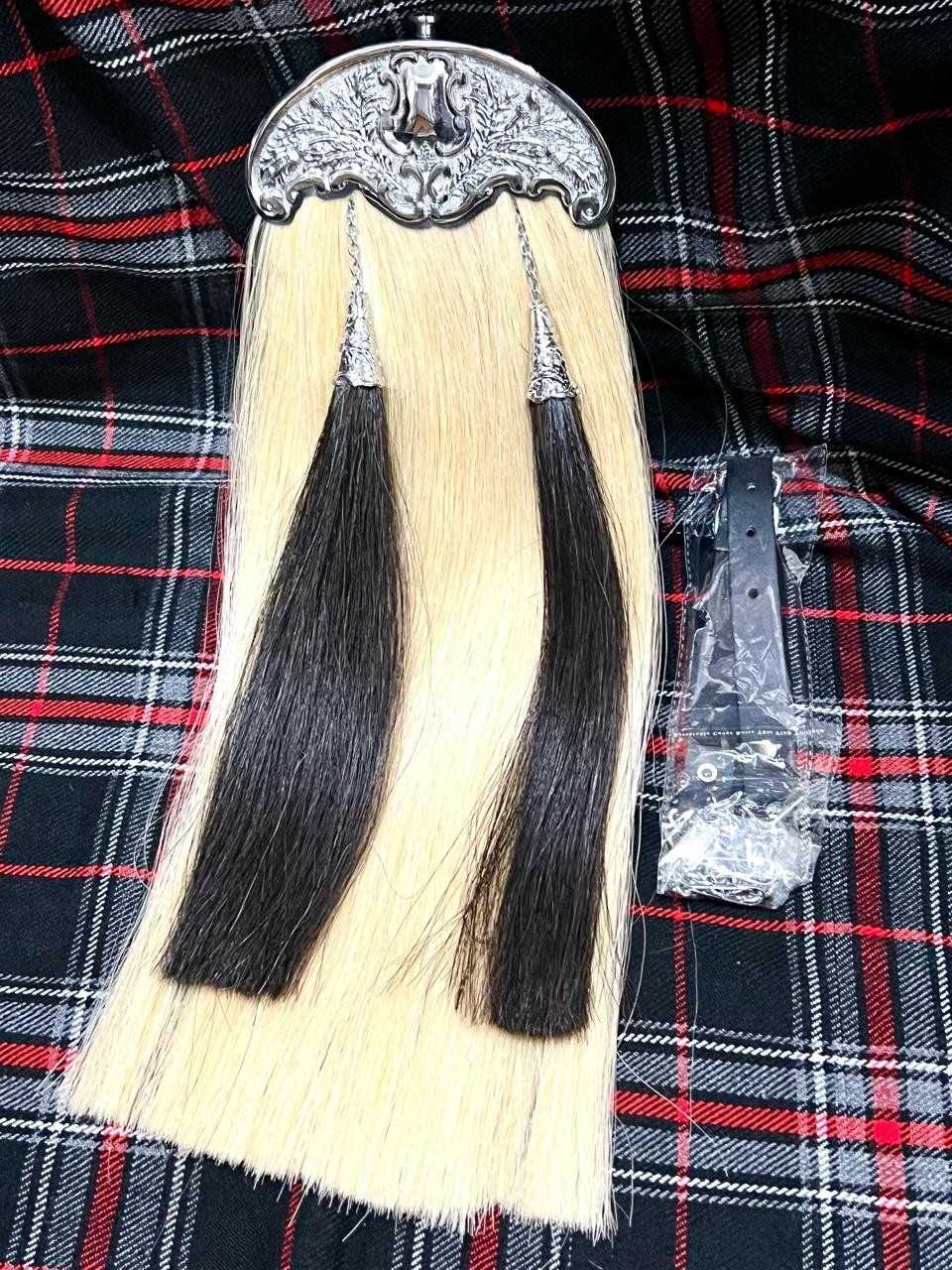 Scottish Antique Long Horse Hair Kilt Sporran with Chain & Belt – 100% Original