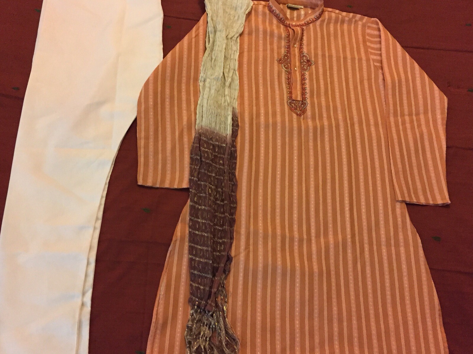 Mauve/Brown/White Boys Silk Kurta Pajama 3 piece Indian/Pakistani Traditional