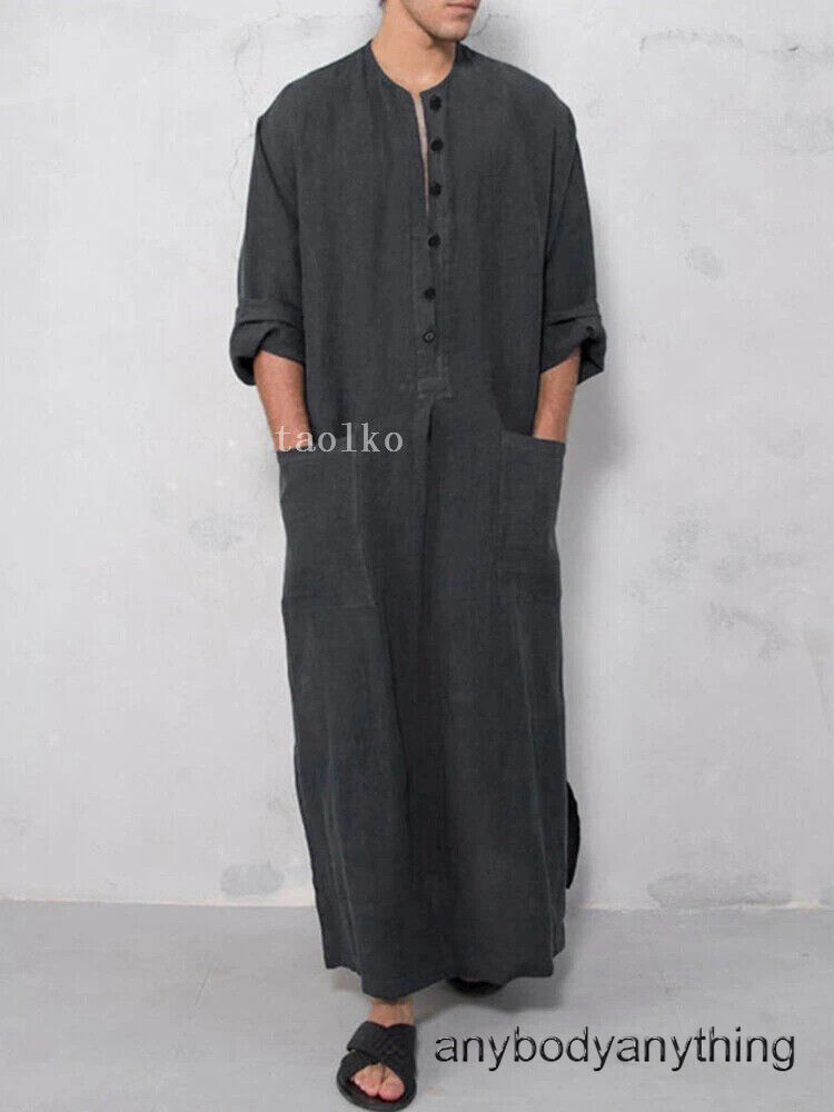 Mens Cotton Muslim Clothing Long Sleeve Islamic Saudi Arab Kaftan Robe Loose Fit