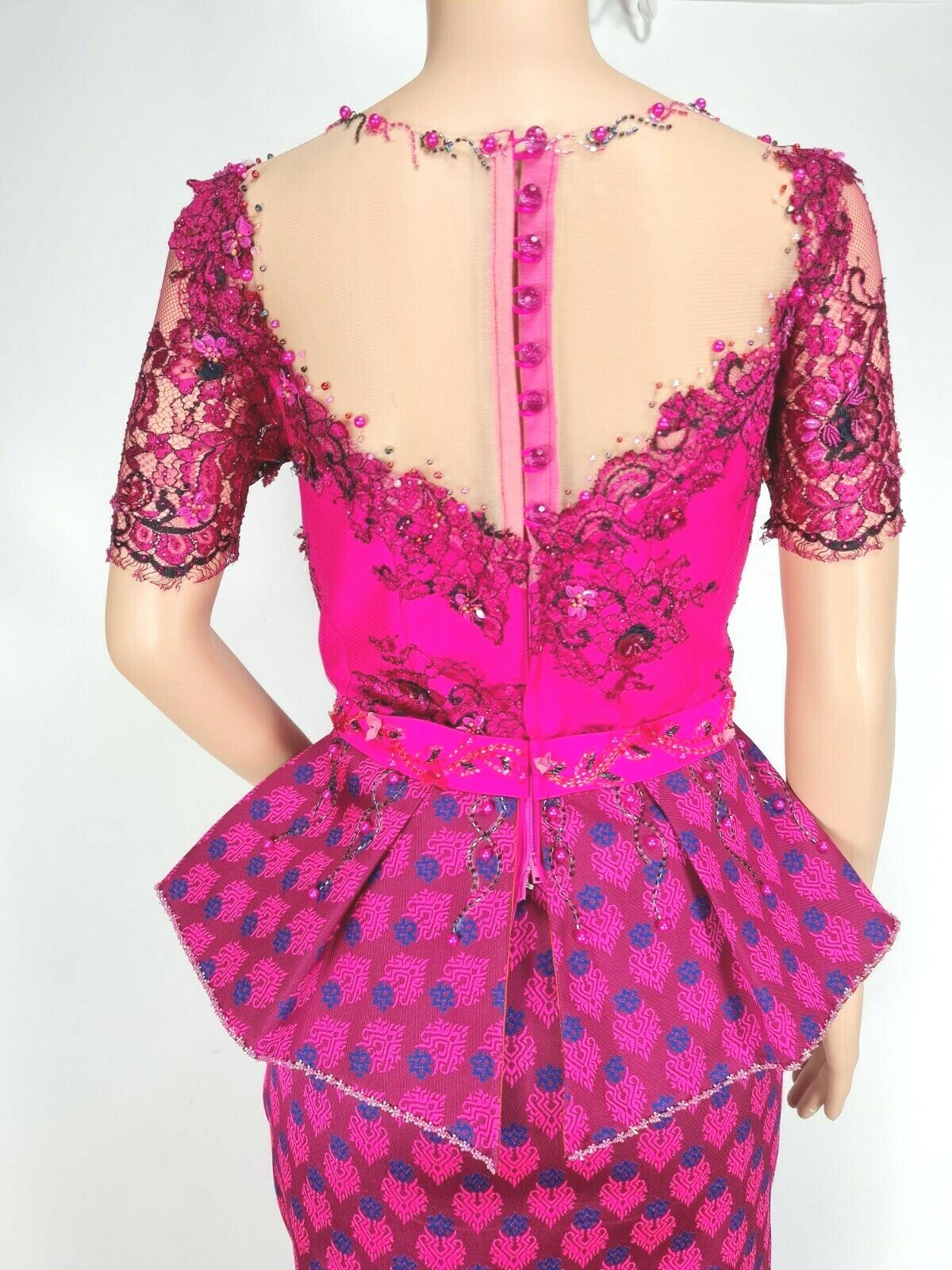 Cambodia Khmer Traditional Out fit Women Sz L Deep Pink Lace Korean Silk Skirt