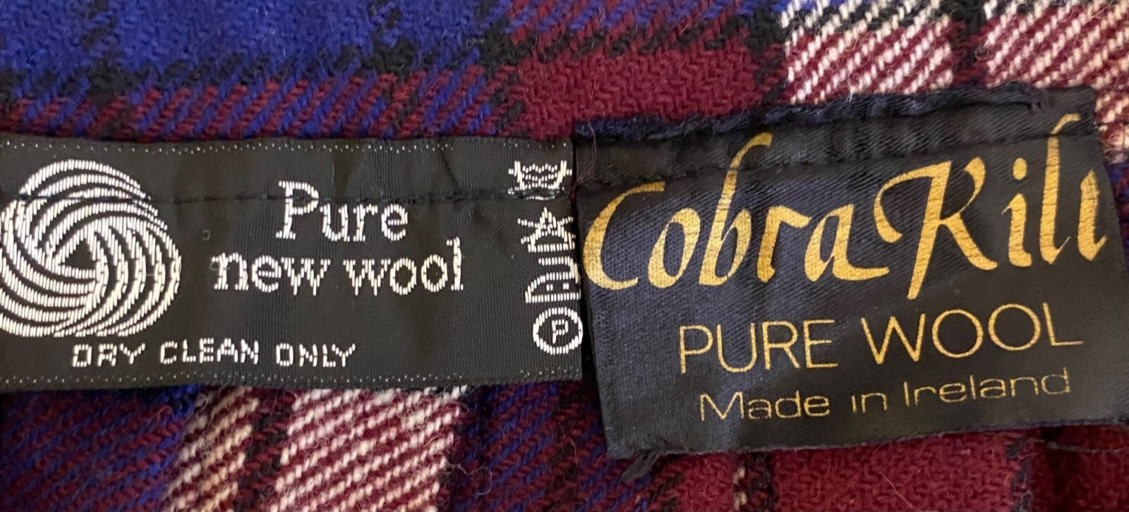 Vintage Cobra Kilt Pure Wool Ireland Plaid Blue Burgundy XS 26″ Waist