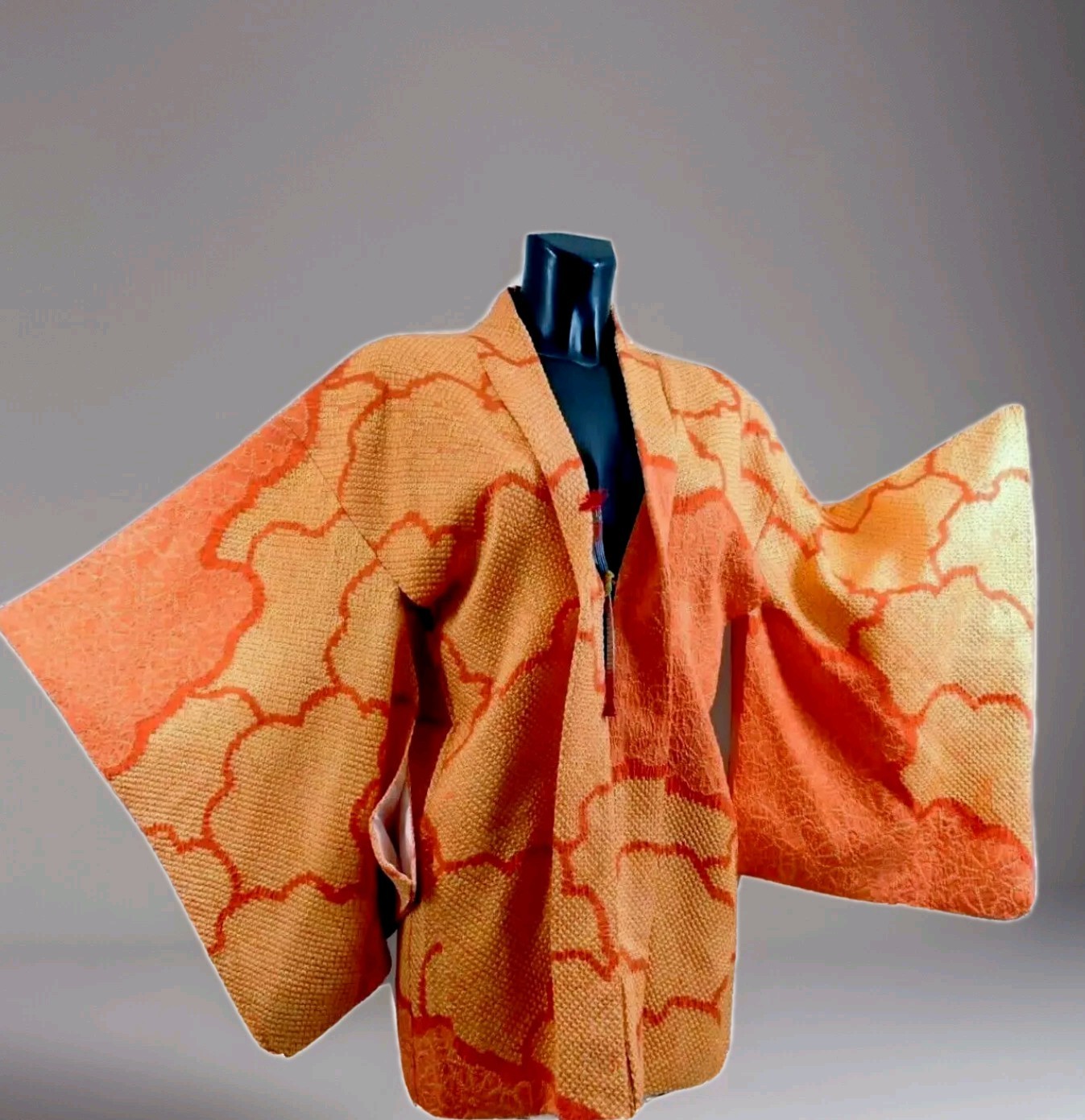 Vintage Original Japanese KIMONOJacket Pure Silk Embossed Orange/Pale Orange S-M