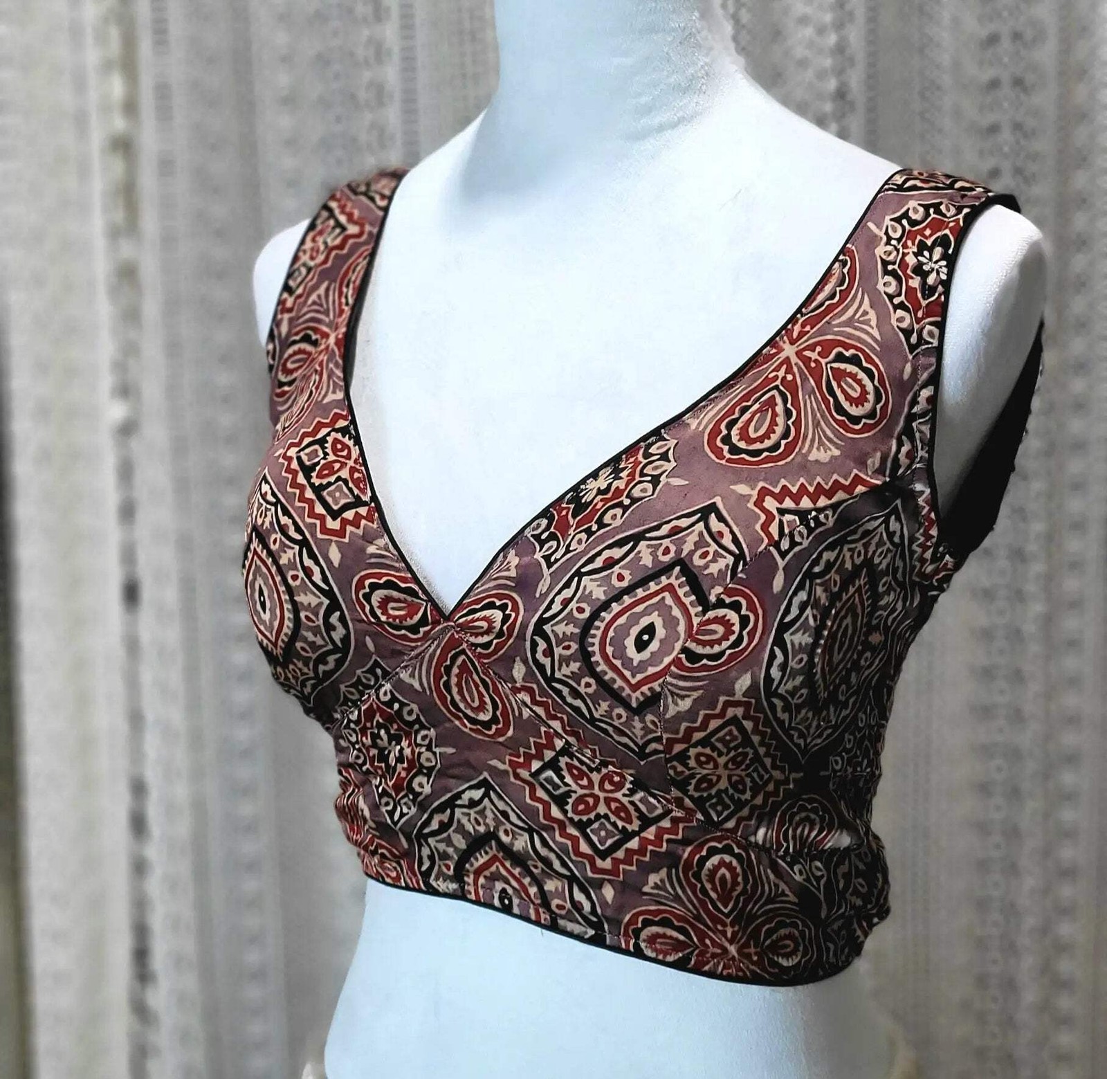 Ajrak Modal Silk Sleeves Plunge Neck Blouse | Stylish Ethnic Wear | Indian Silk