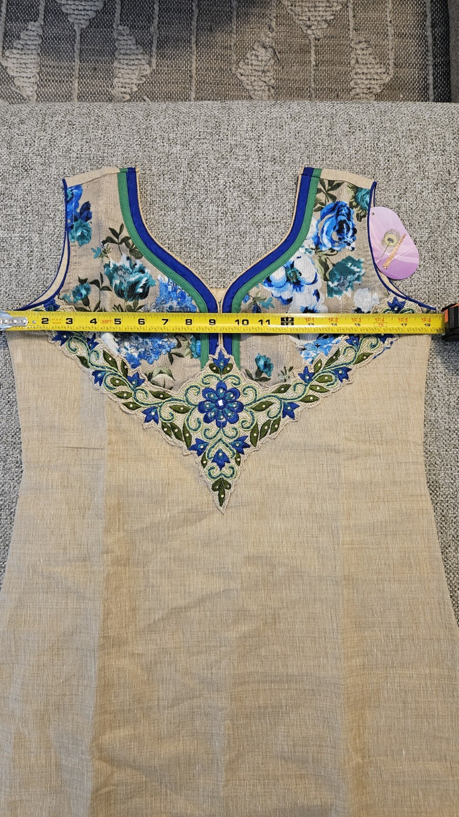 Womens Kurti Tan Royal Blue Floral Sleeveless Embroidered MED NEW WITH TAGS