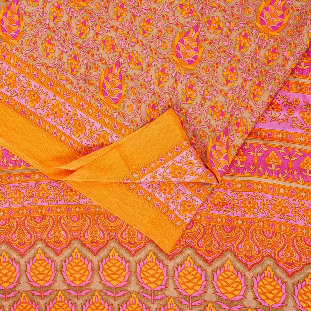 Sanskriti Vintage Sarees Craft Orange & Pink Floral Print 5+Yd Moss Crepe Sari